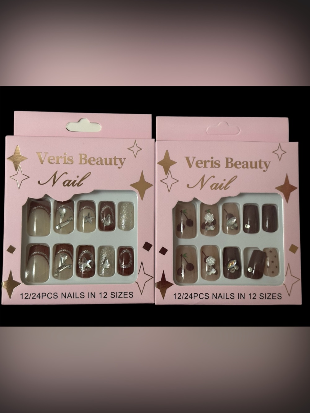 Veris Beauty Press On Nails 2 Sets 24pc Rhinestone Cherry Star Nails New